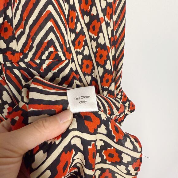 Parker XS Red Cream Black Geometric Print Silk Long Sleeve Surplice Neck Dress - Picture 8 of 8